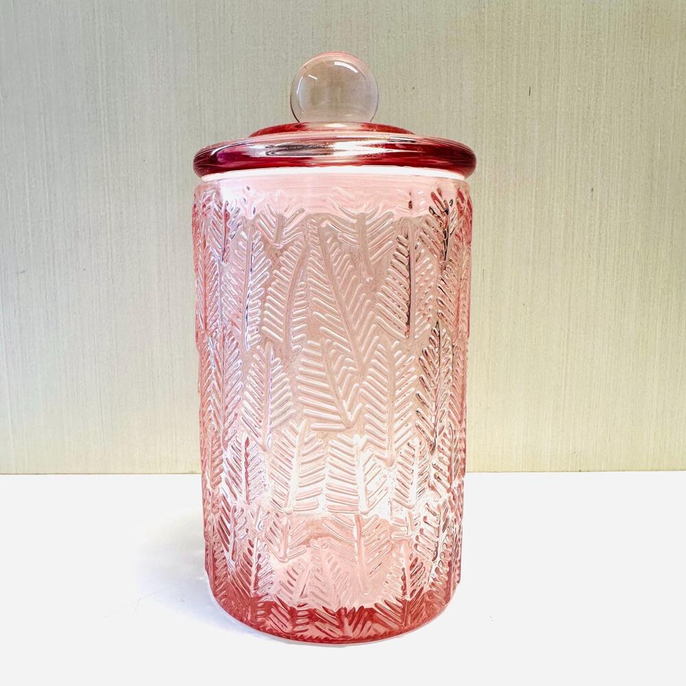 Pink Glass Embossed Leaves Lidded Canister Jar